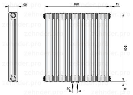 Схема (чертеж) Радиатор Zehnder Charleston 3150/15 №5410 Белый глянцевый RAL 9016
